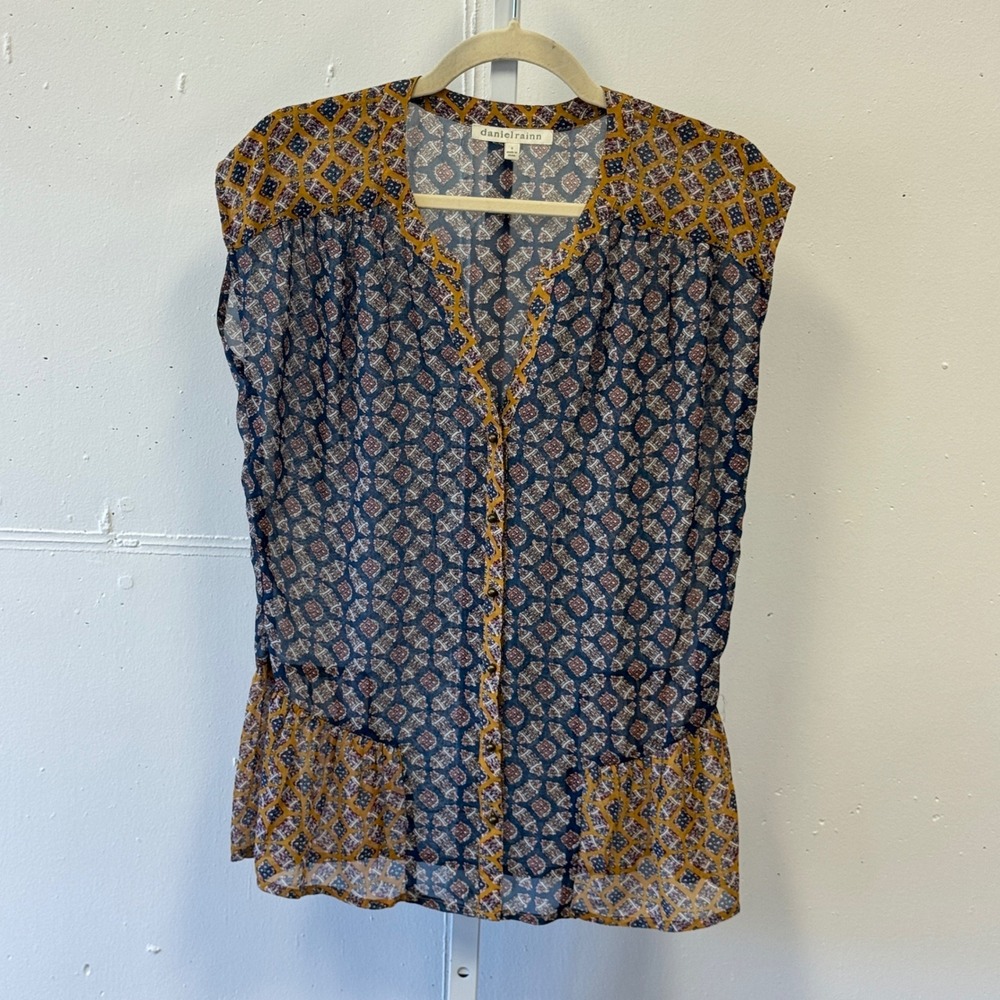 Daniel Rainn Geometric Print Button Front Blouse Semi Sheer Small Navy Mustard